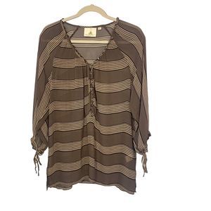 Anthropologie One Fine Day Womens Sheer Striped Blouse Brown White Size Small